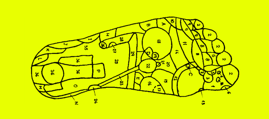 A foot reflexology map showing body parts and organ systems. Black illustration on a neon yellow background.
