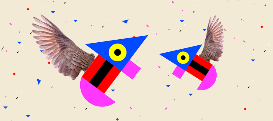 A graphic image with geometric shapes and real bird wings that together create an abstract shape of a flying animal. A beige background with small geometric shapes that resemble confetti.