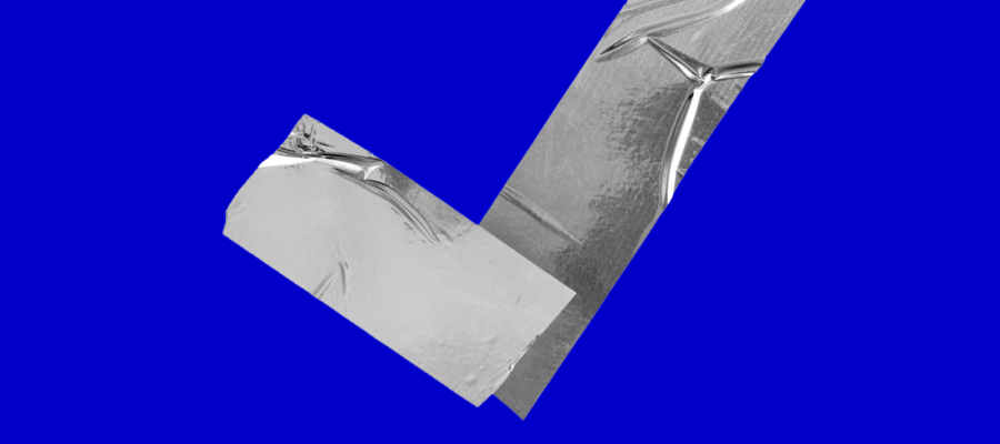 Dark blue background, silver tape stuck like a hook.