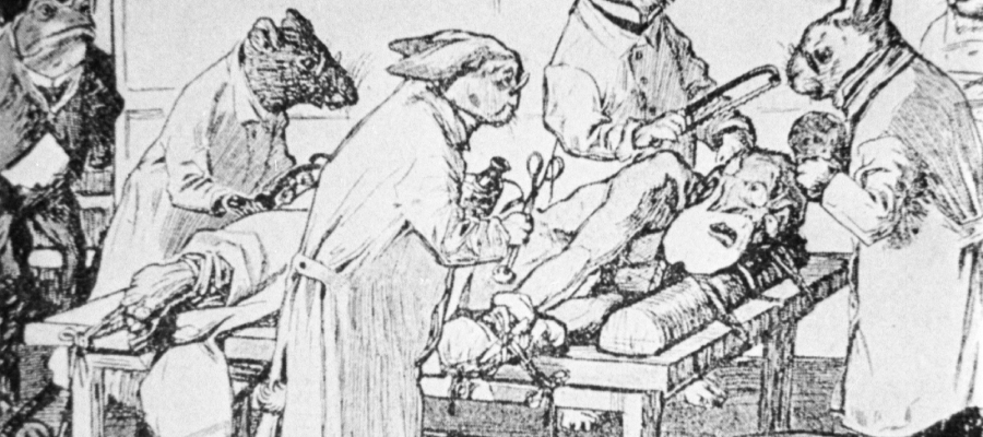 Black and white sketch of anthropomorphic animals dressed in old fashioned clothing performing surgery on a patient lying on a table.