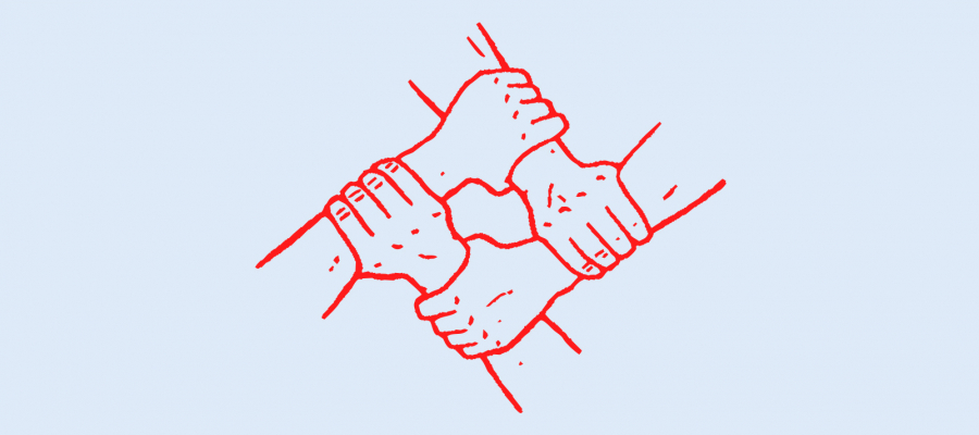 Cut out of the Participatory Workshop poster with four clasped hands