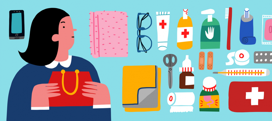 Illustration of a woman holding a red bag. Next to the woman are many different emergency and first aid items.