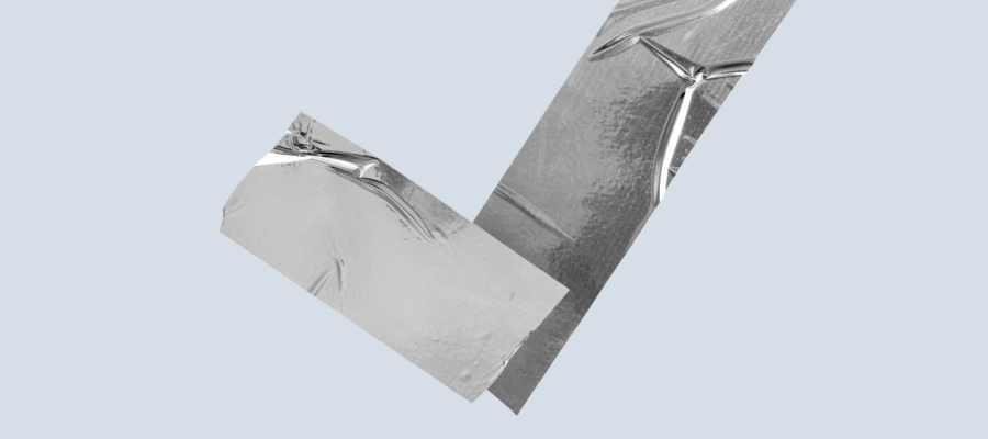 Silver tape that creates a hook. Pastel blue light background.