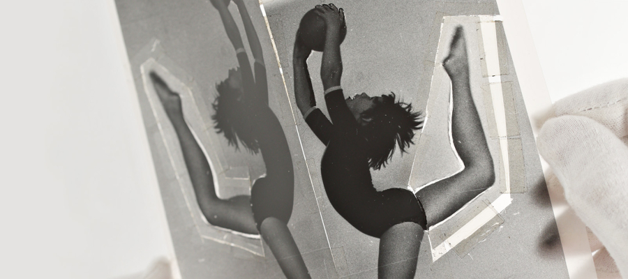 The image shows a black and white photo collage of a gymnast holding a ball above her head, holding it in both hands, and raising her bent right leg in the air behind her