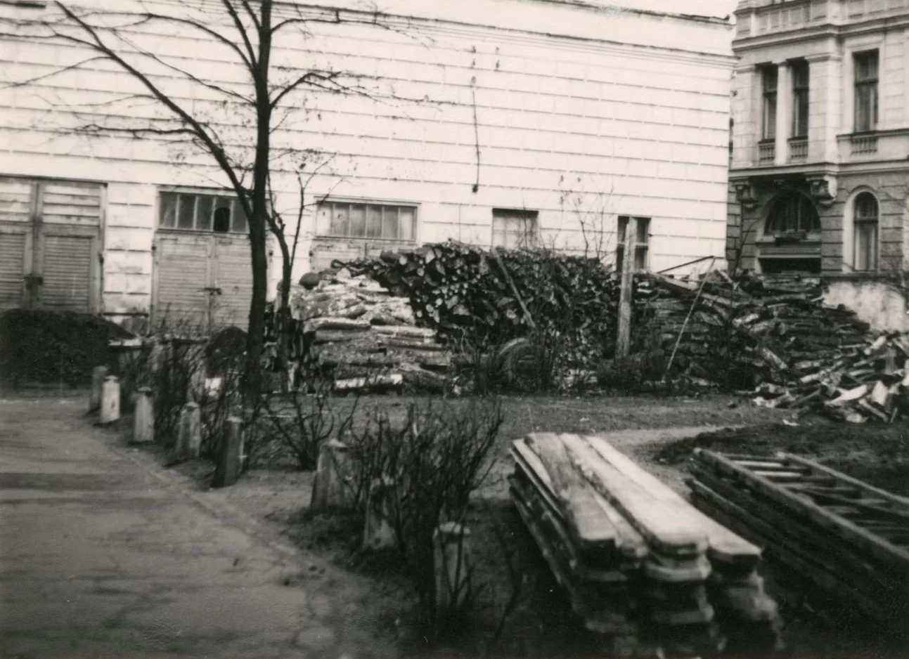 Photo from the construction process of the building. It shows what appears to be firewood, a ladder and longer logs on the ground.