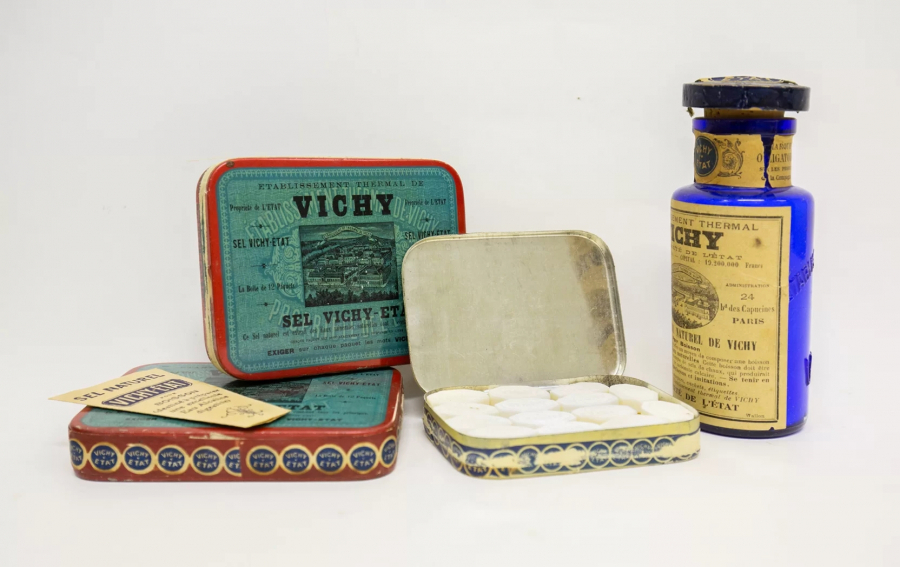 Salt, mineral pastille and tablets by various manufacturers from the Vichy springs in France. Circa 20th century