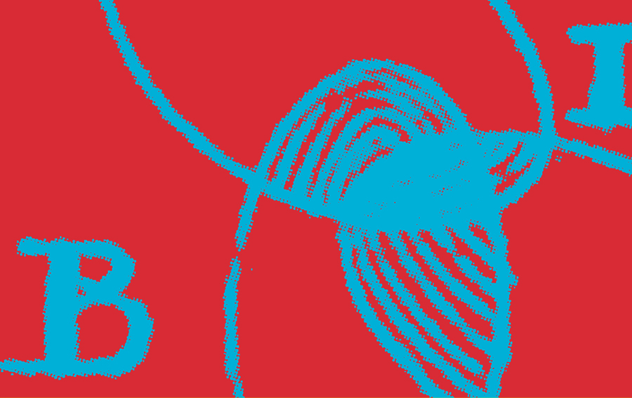 The first image of a red blood cell, or erythrocyte, known in history, illustration. Blue-green background with orange illustration and letters B, D.